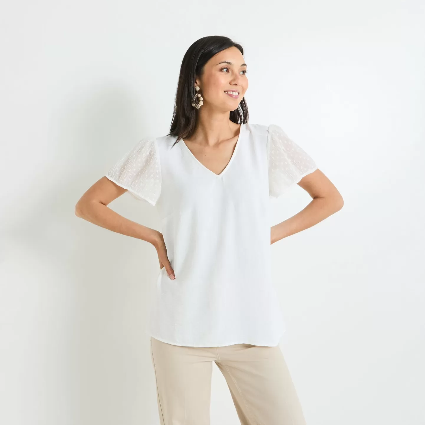 Grain de Malice Blouse Col V Manches Courtes Femme- Chemisiers & Blouses